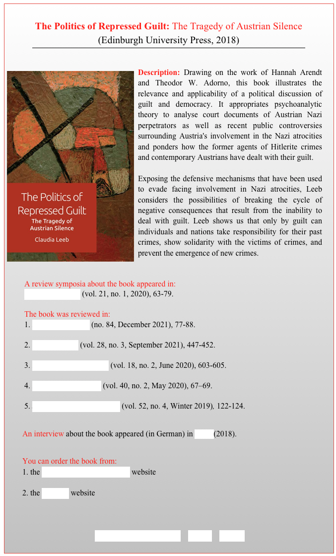 
The Politics of Repressed Guilt: The Tragedy of Austrian Silence 
(Edinburgh University Press, 2018)
￼


￼Description: Drawing on the work of Hannah Arendt and Theodor W. Adorno, this book illustrates the relevance and applicability of a political discussion of guilt and democracy. It appropriates psychoanalytic theory to analyse court documents of Austrian Nazi perpetrators as well as recent public controversies surrounding Austria's involvement in the Nazi atrocities and ponders how the former agents of Hitlerite crimes and contemporary Austrians have dealt with their guilt.  Exposing the defensive mechanisms that have been used to evade facing involvement in Nazi atrocities, Leeb considers the possibilities of breaking the cycle of negative consequences that result from the inability to deal with guilt. Leeb shows us that only by guilt can individuals and nations take responsibility for their past crimes, show solidarity with the victims of crimes, and prevent the emergence of new crimes.


A review symposia about the book appeared in: 
Critical Horizons (vol. 21, no. 1, 2020), 63-79. 

The book was reviewed in: 
 Free Associations (no. 84, December 2021), 77-88. 

 Constellations (vol. 28, no. 3, September 2021), 447-452.

 Perspectives on Politics (vol. 18, no. 2, June 2020), 603-605.

 Philosophy in Review (vol. 40, no. 2, May 2020), 67–69. 

5. Journal of Austrian Studies (vol. 52, no. 4, Winter 2019), 122-124. 


        An interview about the book appeared (in German) in Wina (2018).

        You can order the book from:
        1. the Edinburgh University Press website 

        2. the Amazon website



          TABLE OF CONTENTS    BACK    HOME
