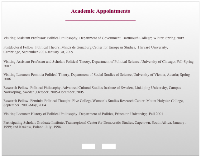 
Academic Appointments
_________________________



Visiting Assistant Professor: Political Philosophy, Department of Government, Dartmouth College; Winter, Spring 2009

Postdoctoral Fellow: Political Theory, Minda de Gunzburg Center for European Studies, 	Harvard University, Cambridge, September 2007-January 30, 2009
 
Visiting Assistant Professor and Scholar: Political Theory, Department of Political Science, University of Chicago; Fall-Spring 2007

Visiting Lecturer: Feminist Political Theory, Department of Social Studies of Science, University of Vienna, Austria; Spring 2006

Research Fellow: Political Philosophy, Advanced Cultural Studies Institute of Sweden, Linköping University, Campus Norrköping, Sweden, October, 2005-December, 2005

Research Fellow: Feminist Political Thought, Five College Women’s Studies Research Center, Mount Holyoke College, September, 2003-May, 2004
 
Visiting Lecturer: History of Political Philosophy, Department of Politics, Princeton University;  Fall 2001

Participating Scholar: Graduate Institute, Transregional Center for Democratic Studies, Capetown, South Africa, January, 
1999; and Krakow, Poland, July, 1998.



BACK        HOME
