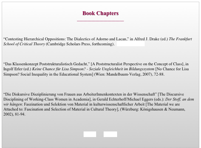 
Book Chapters
_______________________



“Contesting Hierarchical Oppositions: The Dialectics of Adorno and Lacan,” in Alfred J. Drake (ed.) The Frankfurt School of Critical Theory (Cambridge Scholars Press, forthcoming).	 download article



“Das Klassenkonzept Poststrukturalistisch Gedacht,” [A Poststructuralist Perspective on the Concept of Class], in Ingolf Erler (ed.) Keine Chance für Lisa Simpson? - Soziale Ungleichheit im Bildungssystem [No Chance for Lisa Simpson? Social Inequality in the Educational System] (Wien: Mandelbaum-Verlag, 2007), 72-88.  



“Die Diskursive Disziplinierung von Frauen aus ArbeiterInnenkontexten in der Wissenschaft” [The Discursive Disciplining of Working-Class Women in Academia], in Gerald Echterhoff/Michael Eggers (eds.): Der Stoff, an dem wir hängen: Faszination und Selektion von Material in kulturwissenschaftlicher Arbeit [The Material we are  Attached to: Fascination and Selection of Material in Cultural Theory], (Würzburg: Königshausen & Neumann, 2002), 81-94. 



BACK        HOME