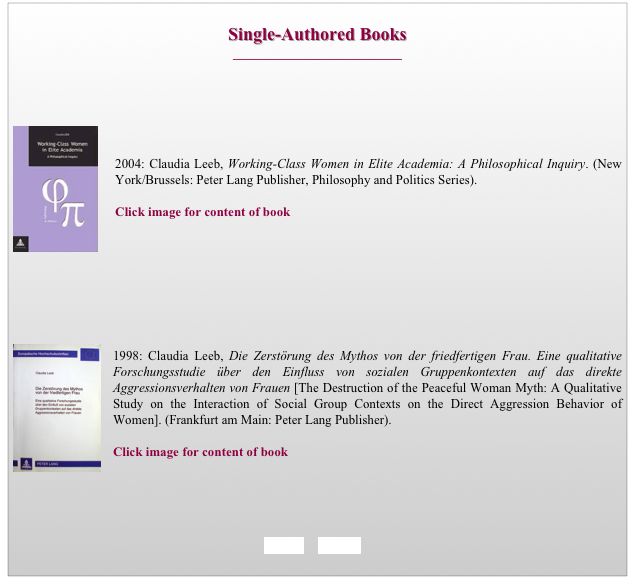 
Single-Authored Books
__________________________

 

￼


2004: Claudia Leeb, Working-Class Women in Elite Academia: A Philosophical Inquiry. (New York/Brussels: Peter Lang Publisher, Philosophy and Politics Series).

Click image for content of book 







￼
1998: Claudia Leeb, Die Zerstörung des Mythos von der friedfertigen Frau. Eine qualitative Forschungsstudie über den Einfluss von sozialen Gruppenkontexten auf das direkte Aggressionsverhalten von Frauen [The Destruction of the Peaceful Woman Myth: A Qualitative Study on the Interaction of Social Group Contexts on the Direct Aggression Behavior of Women]. (Frankfurt am Main: Peter Lang Publisher).

Click image for content of book





BACK     HOME
